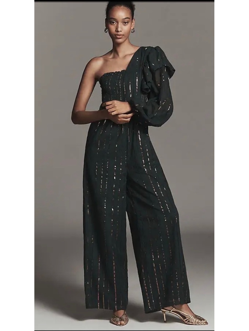 Farm Rio Anthropologie Dark Green One Shoulder Jumpsuit Stripes NWT Small